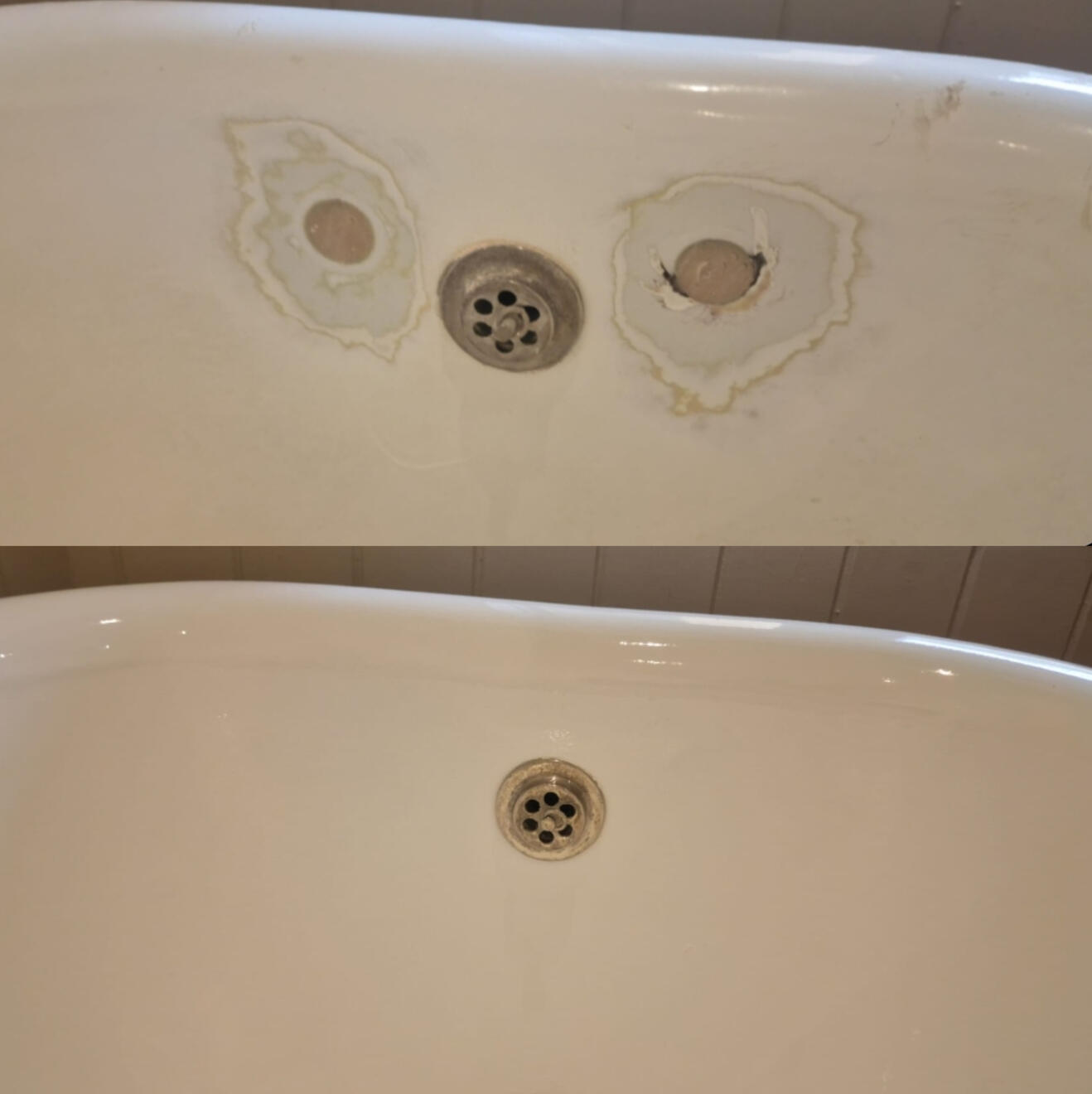 BEFORE AND AFTER PICTURES OF A CAST IRON BATH TAP HOLES FILLED AND REPAIRED Before and after cast iron bath tap holes filled and repaired in Salisbury