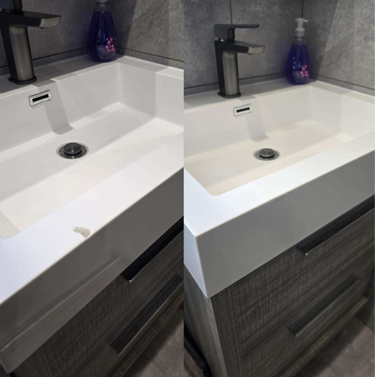 BEFORE AND AFTER PICTURES OF A COMPOSITE BATHROOM BASIN CHIP REPAIR Before and after composite bathroom basin chip repair in Salisbury