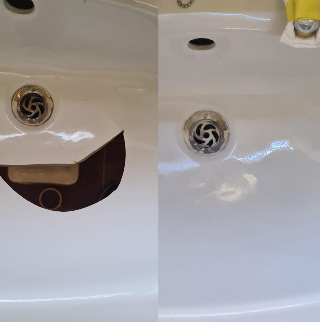 before and after pictures of a ceramic sink crack repair Before and after ceramic sink crack repair in Salisbury