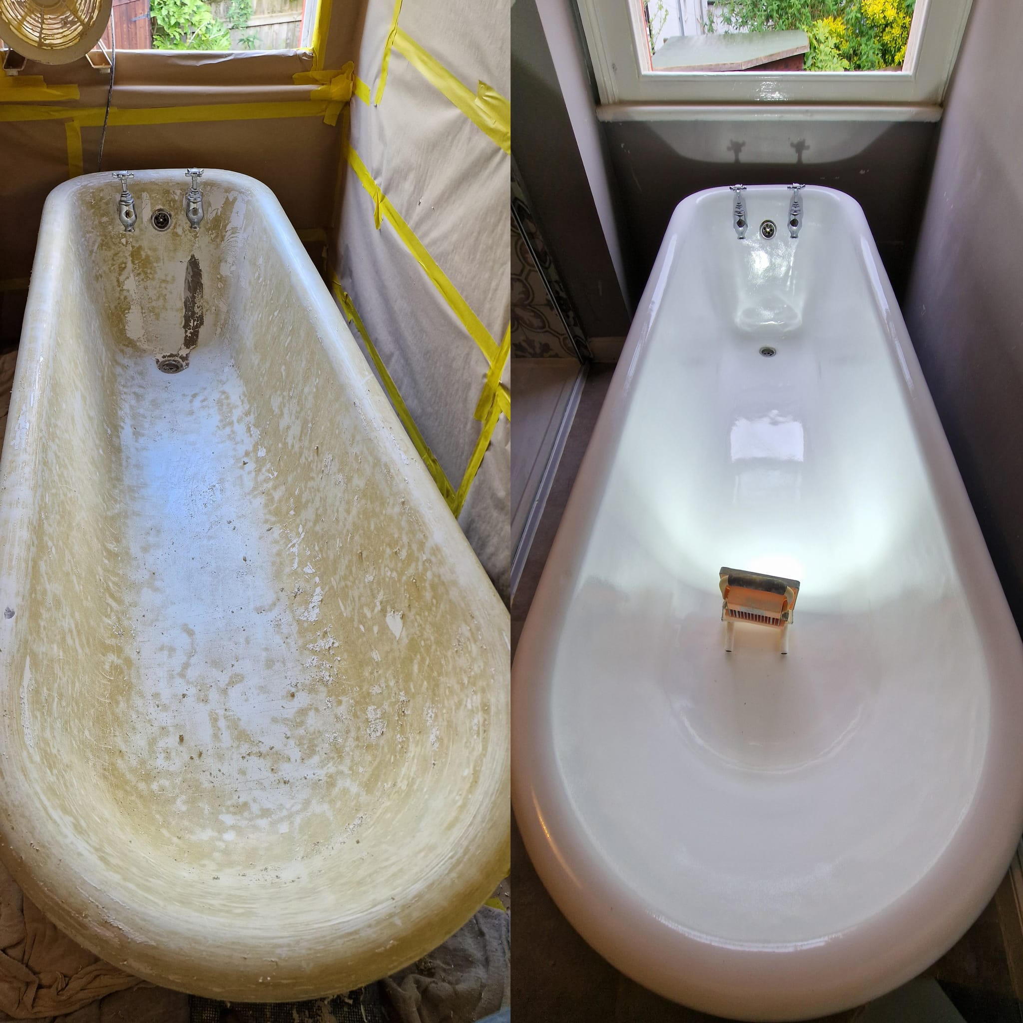 PICTURE OF A BEFORE AND AFTER OF A ROLL TOP CAST IRON BATH Before and after roll top cast iron bath re-enamelling in Salisbury - Wilton